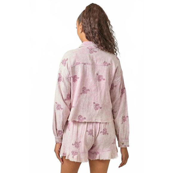 NEW MYSTREE catalina floral gauze embroidery button up top in washed plum - Picture 2 of 2